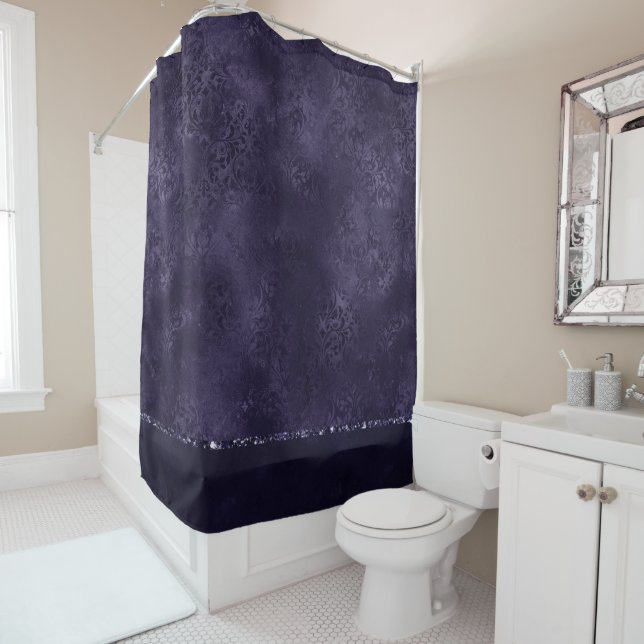 Midnight Indigo Romance | Satiny Grunge Damask Shower Curtain (In Situ)