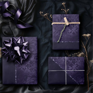 Midnight Indigo Romance   Satiny Grunge Damask Wrapping Paper Sheets