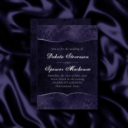 Midnight Indigo Romance  Satiny Grunge Wedding Invitation