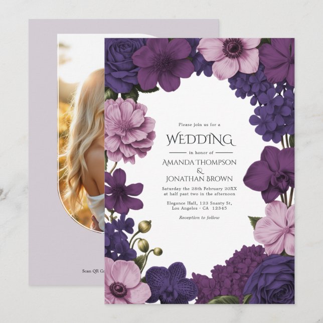 Midnight Iris, Velvet Plum & Dusty Petal Wedding Invitation (Front/Back)
