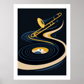 Midnight JazzyTrombone & Vinyl Record Art Poster