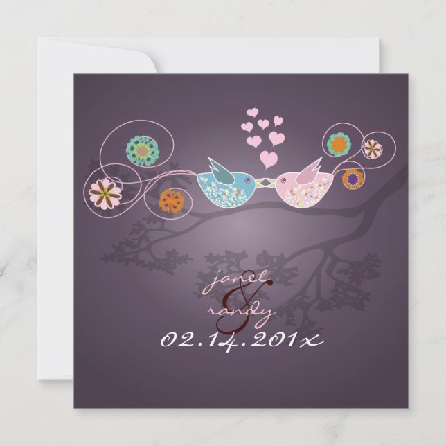 Midnight Kiss/Love Birds floating hearts/plum Invitation (Front)