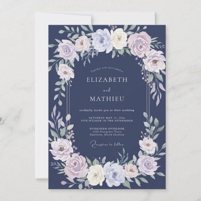 Midnight Lavender Ranunculus Eucalyptus Wedding Invitation (Front)