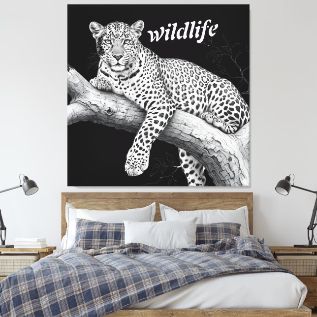 Midnight Leopard , Wildlife Illustration Canvas Print (Insitu(Bedroom))