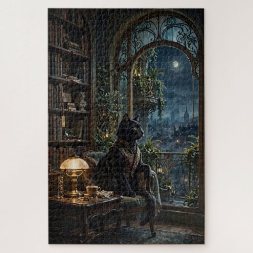 Midnight Library Cat: Enchanted Night View Jigsaw Puzzle