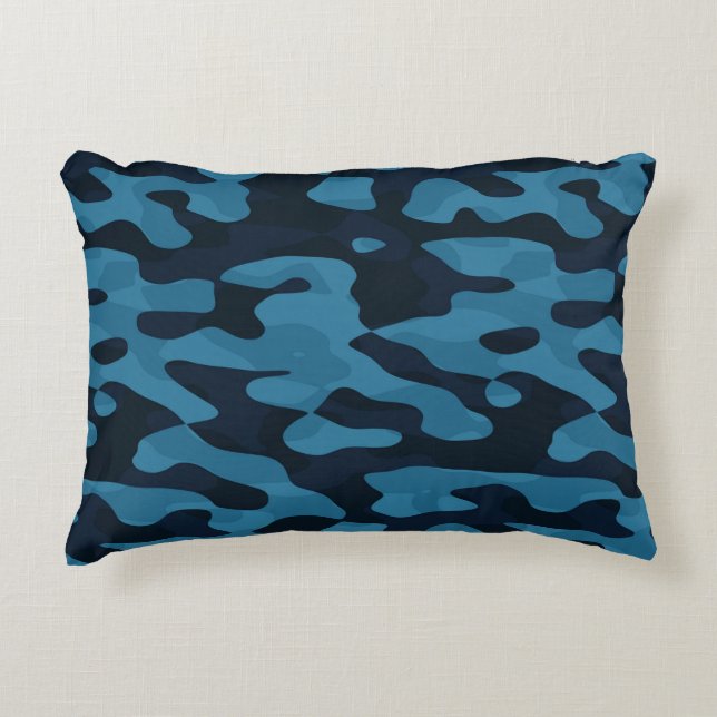 Midnight, light blue, muted blue, dark blue camo accent pillow (Front)