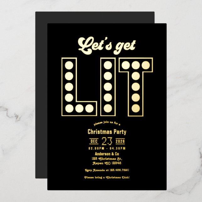 Midnight Luxe Let’s Get Lit Retro Christmas Party Foil Invitation (Front/Back)