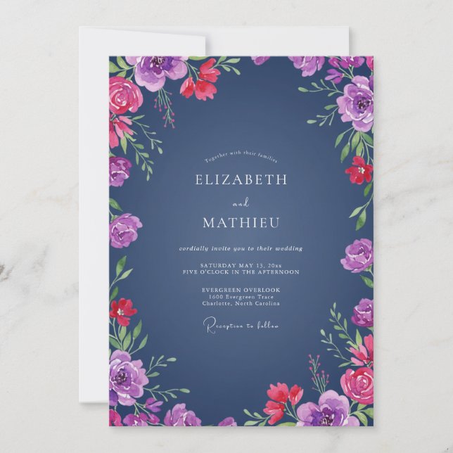 Midnight Magenta Wildflower Wedding Invitation (Front)