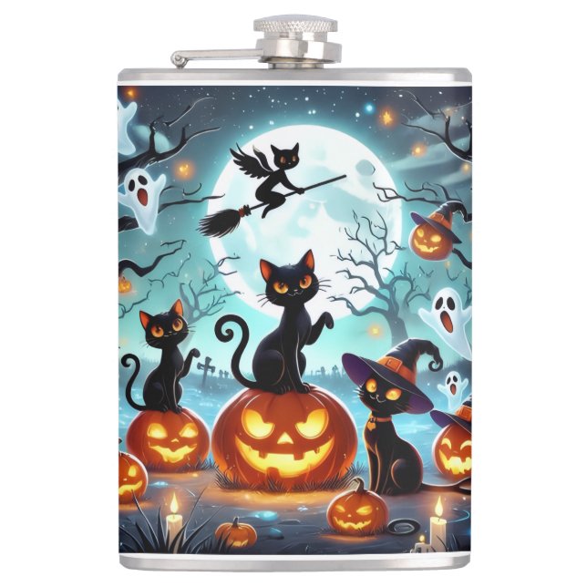 Midnight Magic: Black Cats & Pumpkins Halloween  Flask (Front)