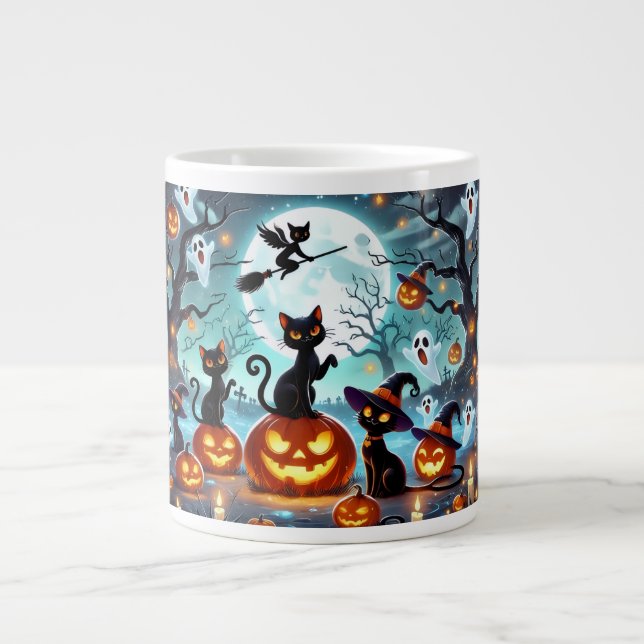 Midnight Magic: Black Cats & Pumpkins Halloween  Giant Coffee Mug (Front)