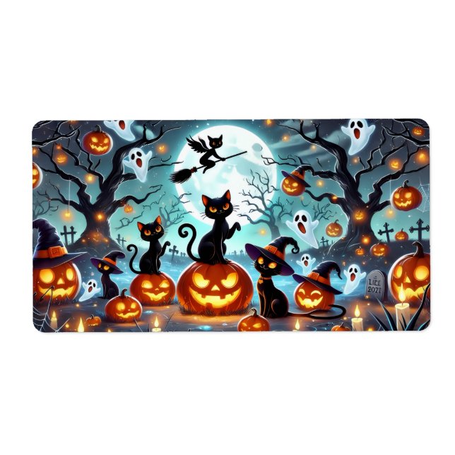 Midnight Magic: Black Cats & Pumpkins Halloween  Label (Front)
