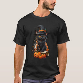 Midnight Magic Colorful Black Cat Pumpkin Hallowee T-Shirt