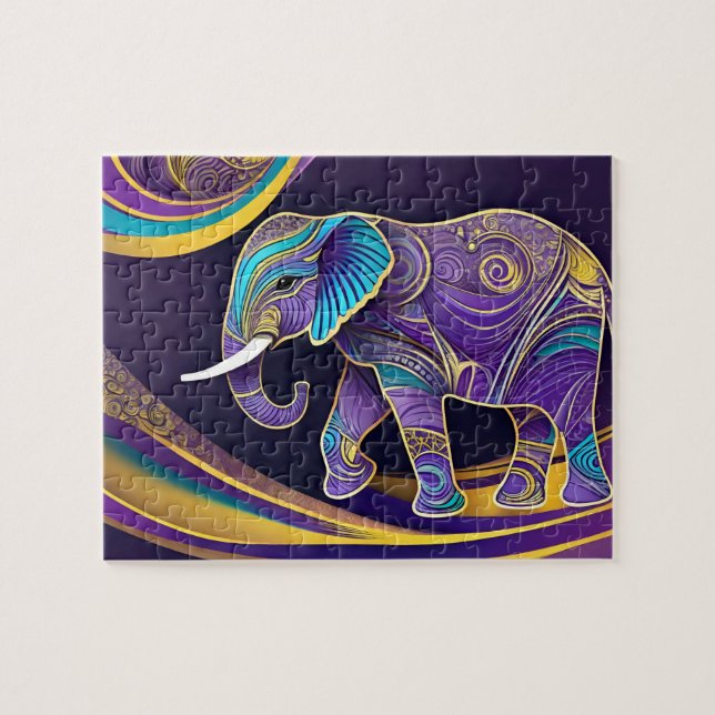 Midnight Magic: Purple & Gold Elephant Jigsaw Puzzle (Horizontal)