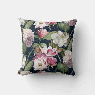 Midnight Magnolia Garden Vintage Botanical Throw Pillow