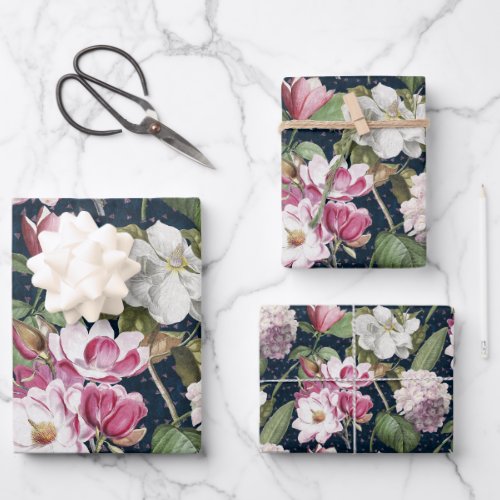 Midnight Magnolia Garden Vintage Botanical Wrapping Paper Sheets