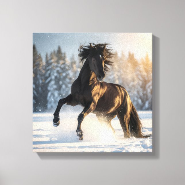 Midnight Majesty – Black Stallion in Winter Snow Canvas Print (Front)