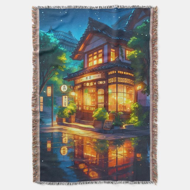Midnight Matcha – Cozy Japanese Lofi Café Throw Blanket (Front Vertical)