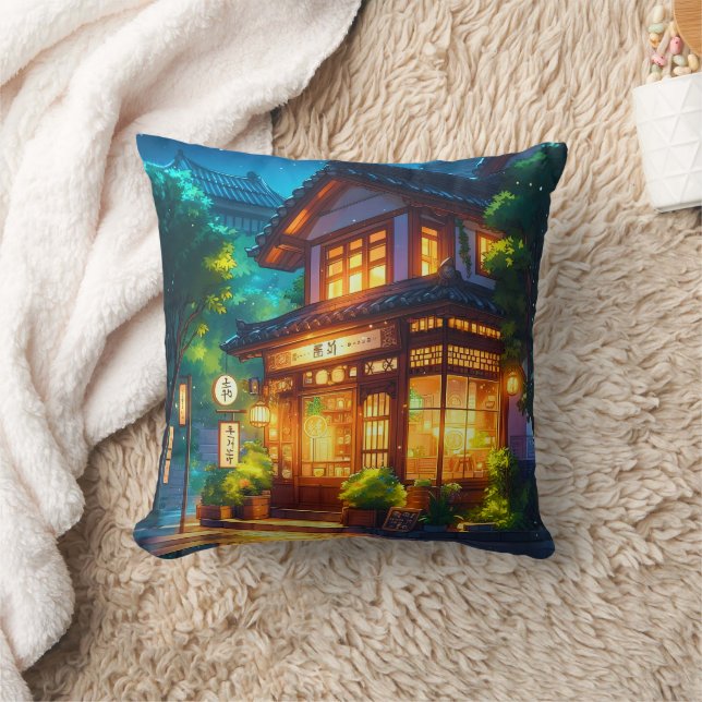 Midnight Matcha – Cozy Japanese Lofi Café Throw Pillow (Blanket)