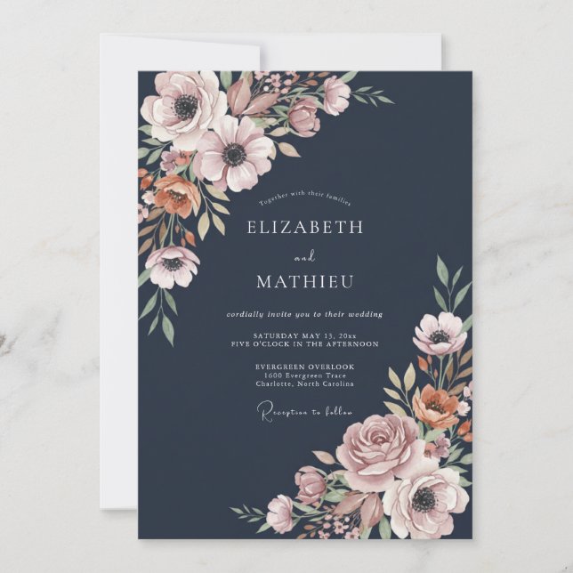 Midnight Mauve Anemone Wedding Invitation (Front)