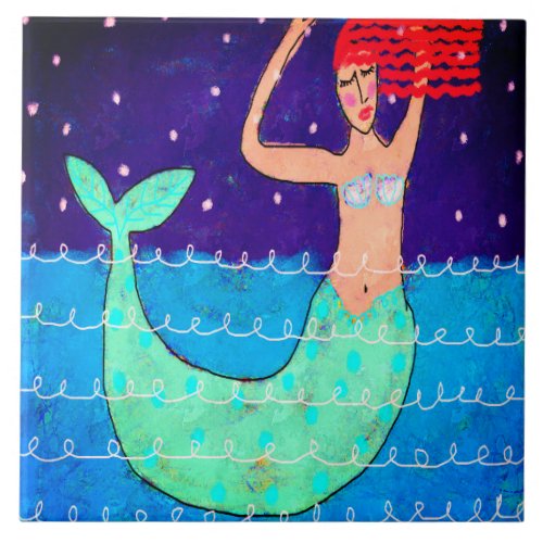 Midnight Mermaid Abstract Painting Ceramic Tile
