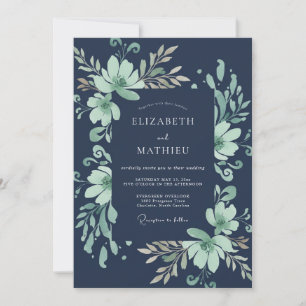 Midnight Mint Foliage Grey Eucalyptus Wedding Invitation