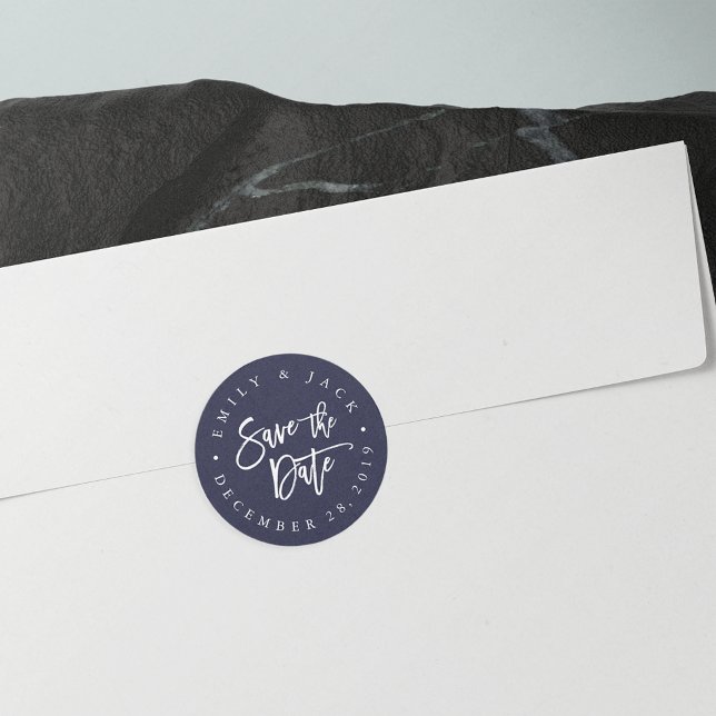 Midnight | Modern Brush Lettered Save the Date Classic Round Sticker (Creator Uploaded)