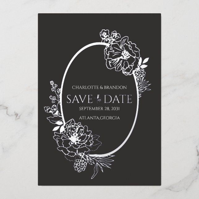 Midnight Modern Floral Sketch Arch Save the Date  Foil Invitation (Front)