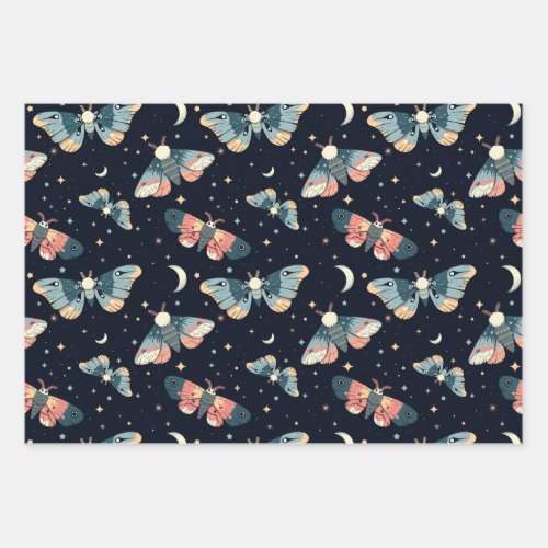 Midnight Moths With Stars and Moon Repeat Pattern Wrapping Paper Sheets