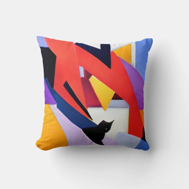 Midnight Muse - Black Cat and Abstract Art Edit Throw Pillow (Front)