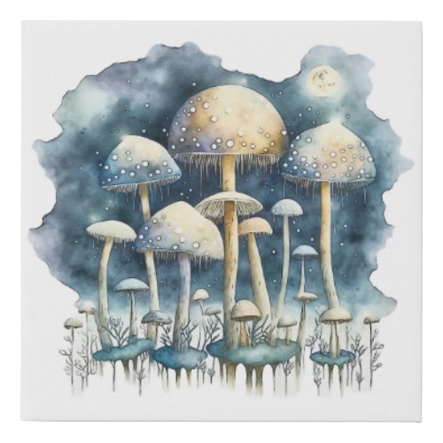 Midnight Mushrooms Goblincore Aesthetic Watercolor Faux Canvas Print