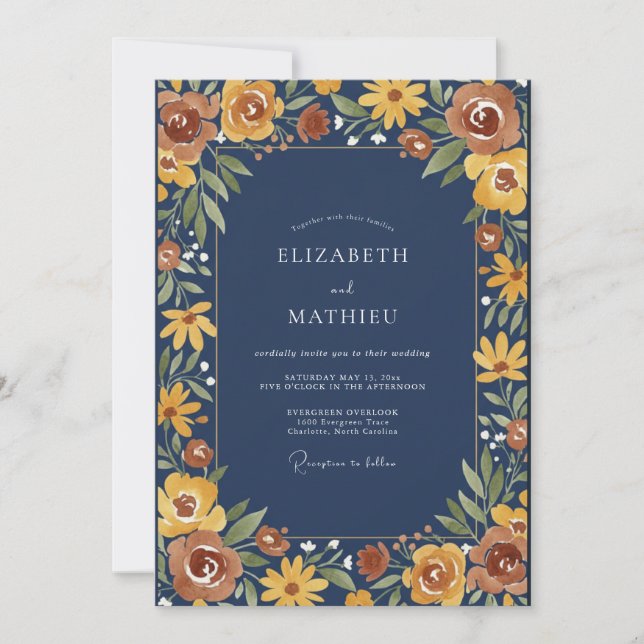 Midnight Mustard Wildflower Wedding Invitation (Front)