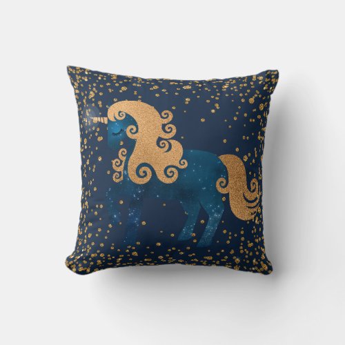 Midnight Navy Blue and Gold Unicorn with Confetti Throw Pillow