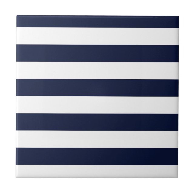 Midnight Navy Blue and White Stripes Ceramic Tile (Front)