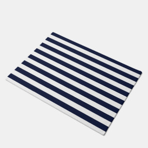 Midnight Navy Blue and White Stripes Doormat
