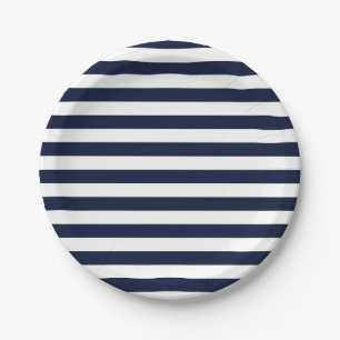 Midnight Navy Blue and White Stripes Paper Plates
