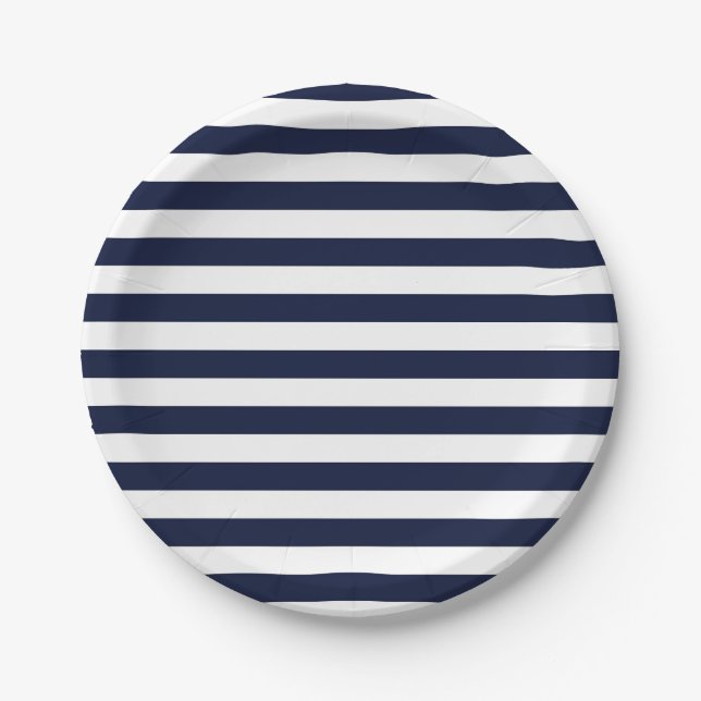 Midnight Navy Blue and White Stripes Paper Plates (Front)