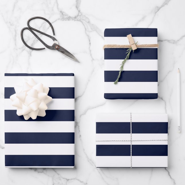 Midnight Navy Blue and White Stripes Wrapping Paper Sheets (Front)