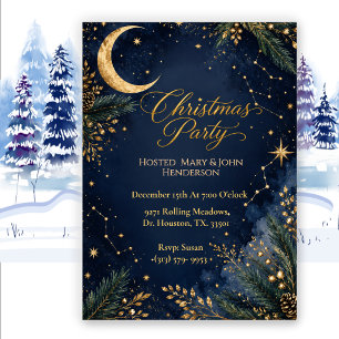 Midnight Navy Blue Celestial Christmas Party  Invitation