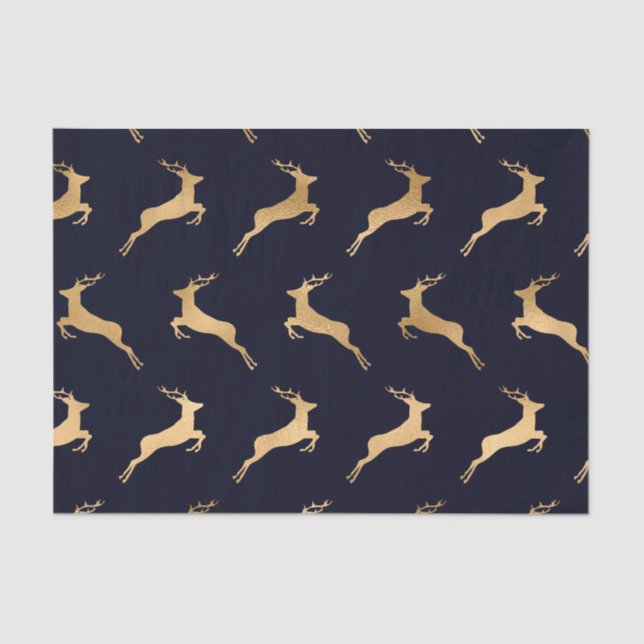 Midnight Navy Blue Gold Deer Pattern Tissue Paper (Front)