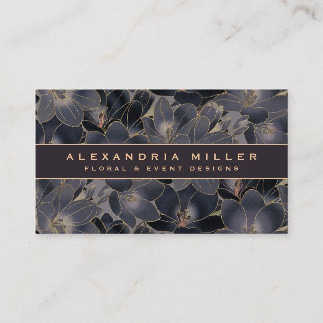 Midnight Navy Blue & Grey Floral Business Card (Front)