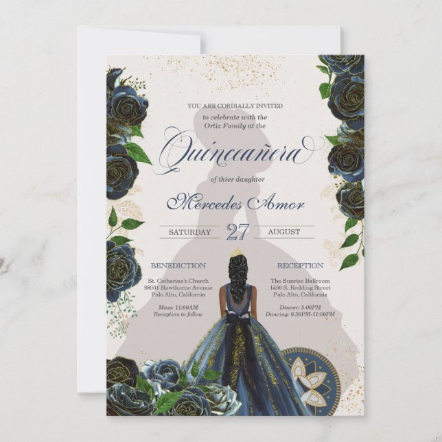 Midnight Navy Blue Roses Fancy Charro Quinceanera  Invitation (Front)