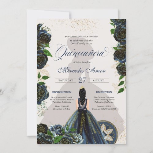 Midnight Navy Blue Roses Fancy Charro Quinceanera  Invitation