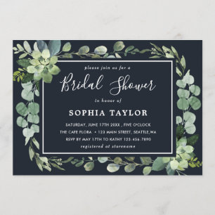 Midnight Navy Blue Succulent Bridal Shower Invitation
