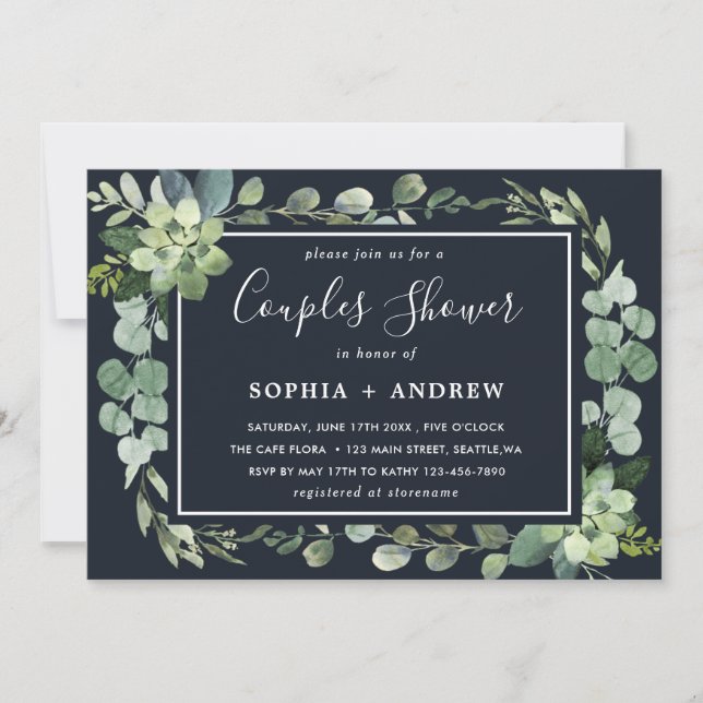 Midnight Navy Blue Succulent Couples Shower Invitation (Front)
