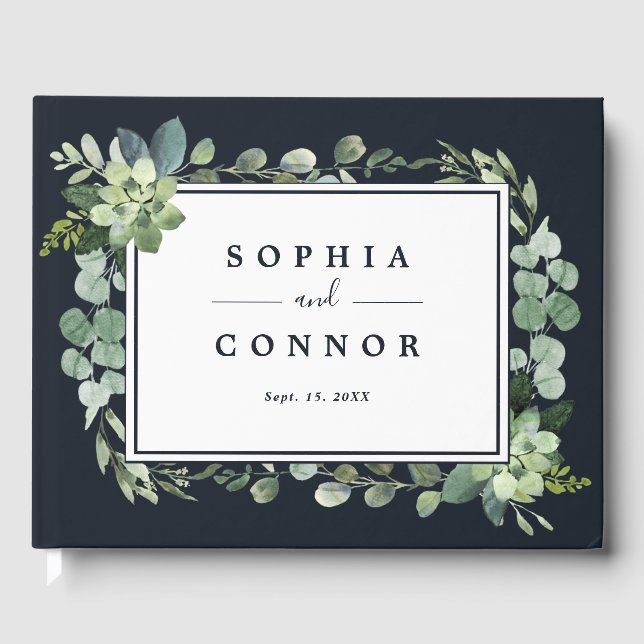 Midnight Navy Blue Succulent Wedding Guest Book (Front)