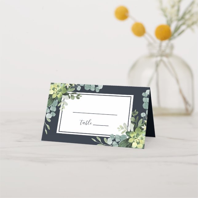Midnight Navy Blue Succulent Wedding Personalized Place Card (Front)