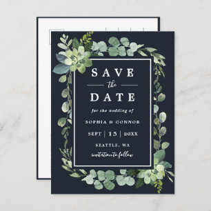Midnight Navy Blue Succulent Wedding Save the Date Announcement Postcard