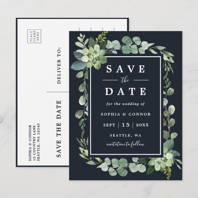 Midnight Navy Blue Succulent Wedding Save the Date Announcement Postcard (Front/Back)