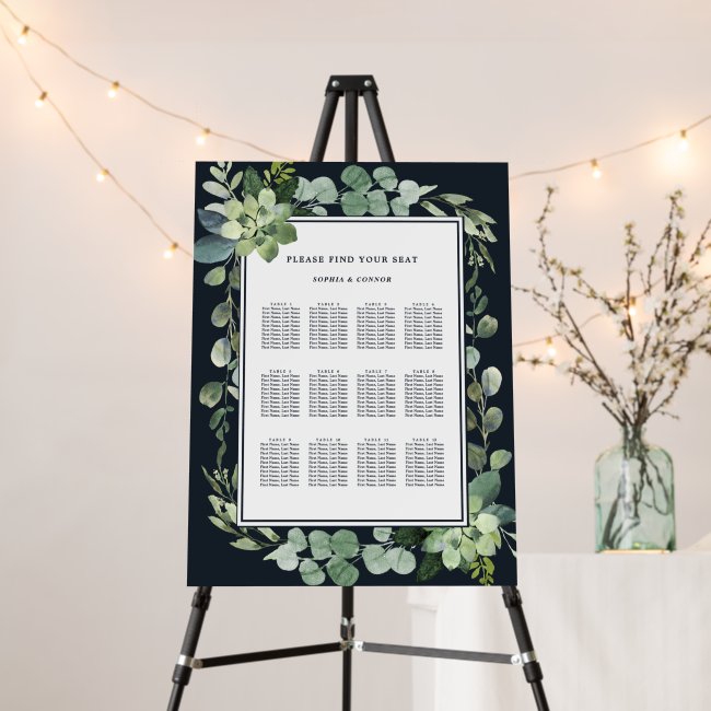 Midnight Navy Blue Succulent Wedding Seating Chart Foam Board