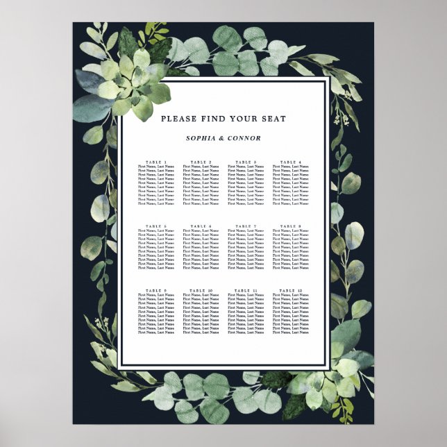 Midnight Navy Blue Succulent Wedding Seating Poster (Front)